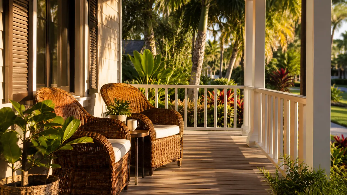 Sunlit Florida home front porch with two wicker chairs among palm trees, representing planning to age in place with independence