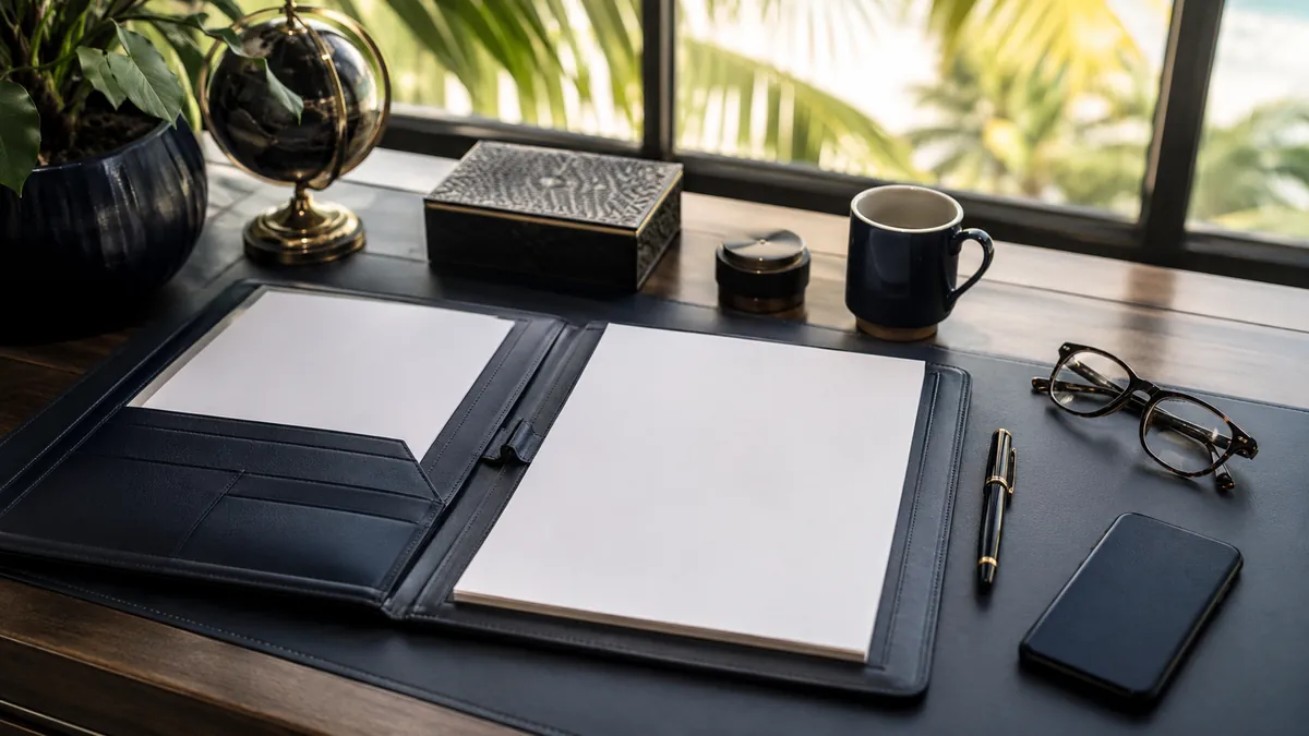 Professional desk in a Fort Lauderdale office with an open leather portfolio, fountain pen, and reading glasses, representing an independent disability insurance policy review